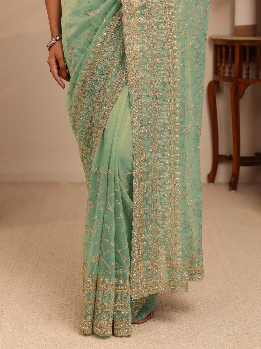  Mint Green Floral Embroidered Net Saree 
