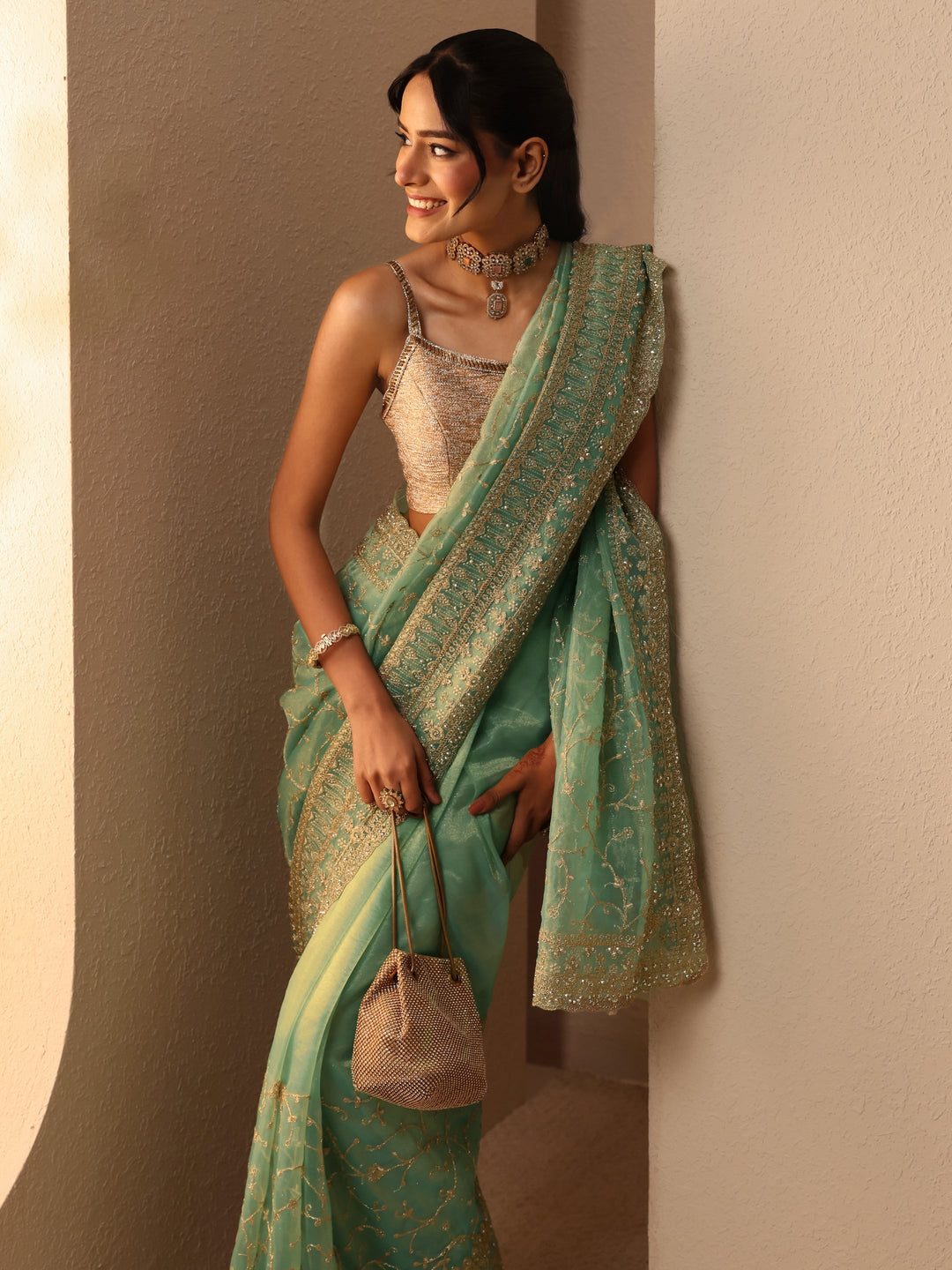  Mint Green Floral Embroidered Net Saree 
