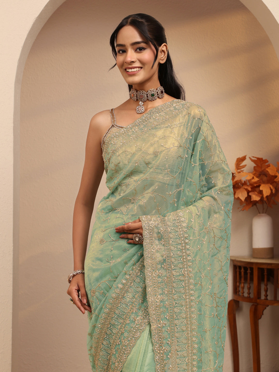  Mint Green Floral Embroidered Net Saree 
