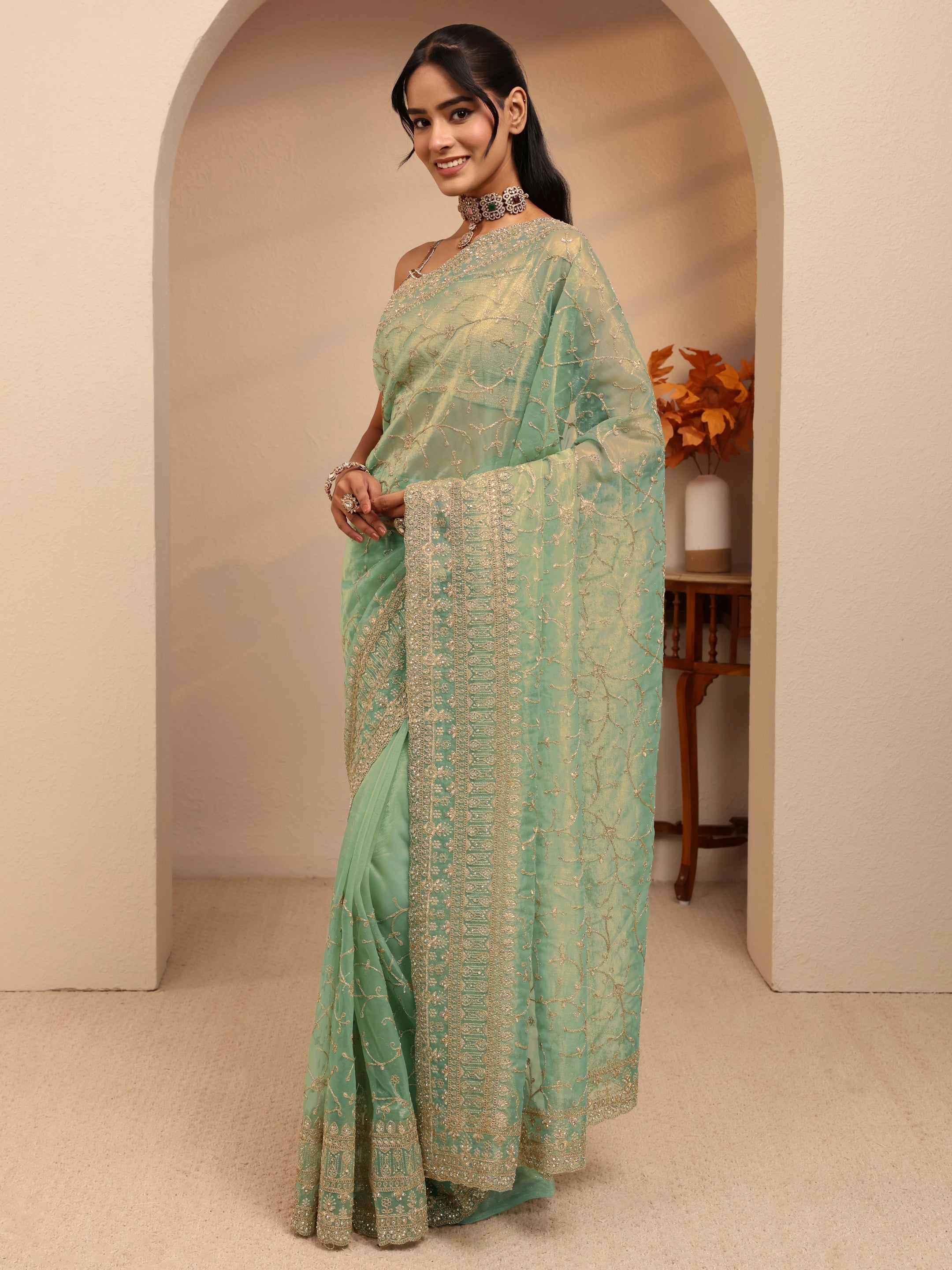 libas Mint Green Floral Embroidered Net Saree-picture-23