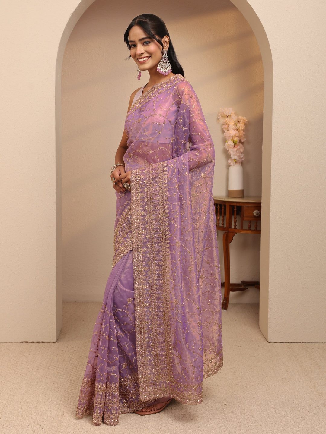  Purple Floral Embroidered Net Saree 