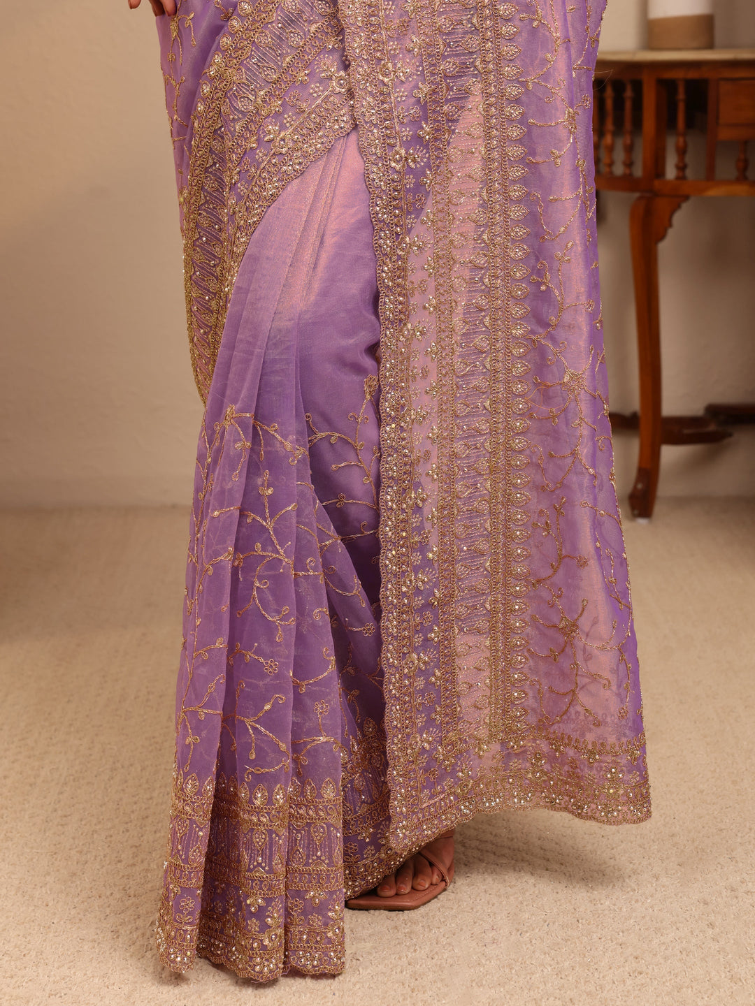  Purple Floral Embroidered Net Saree 