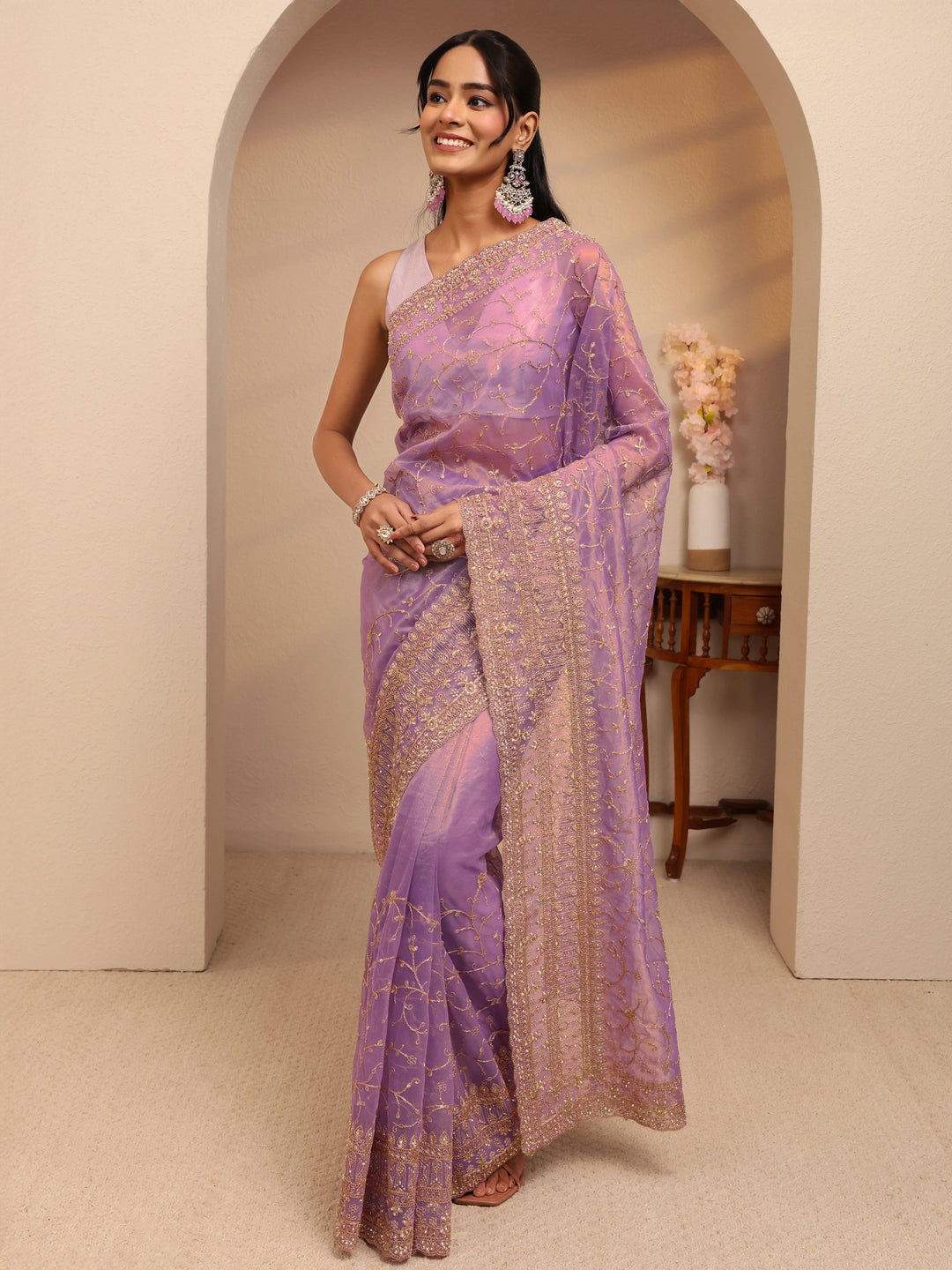  Purple Floral Embroidered Net Saree 