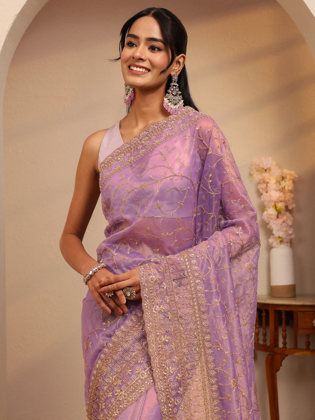  Purple Floral Embroidered Net Saree 
