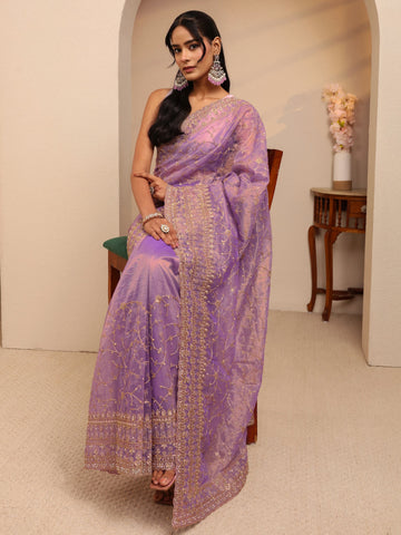 Libas Purple Floral Embroidered Net Saree