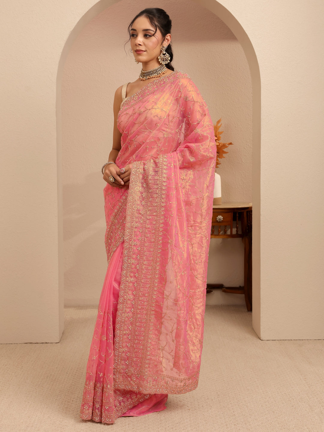  Peach Floral Embroidered Net Saree 