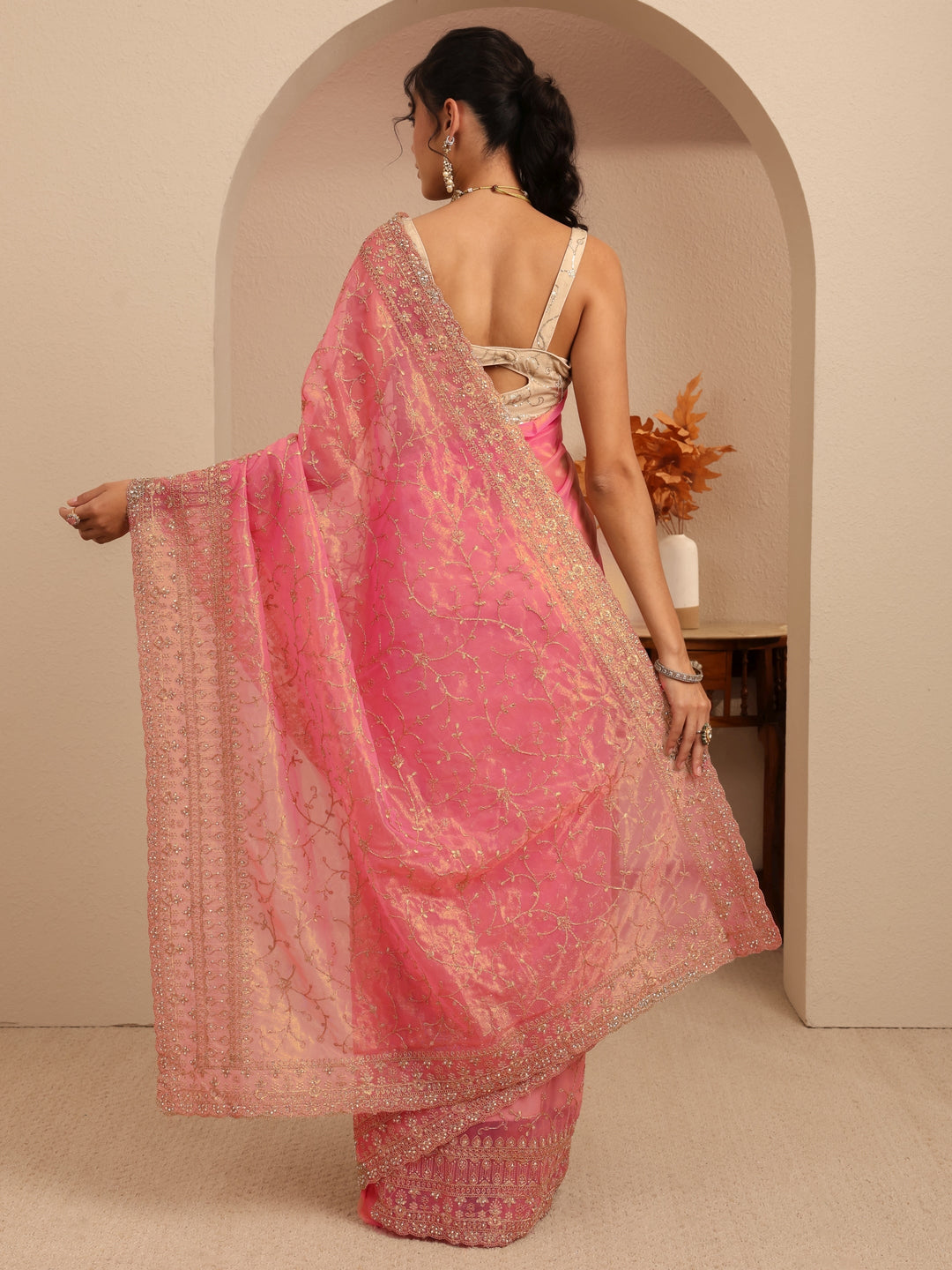  Peach Floral Embroidered Net Saree 