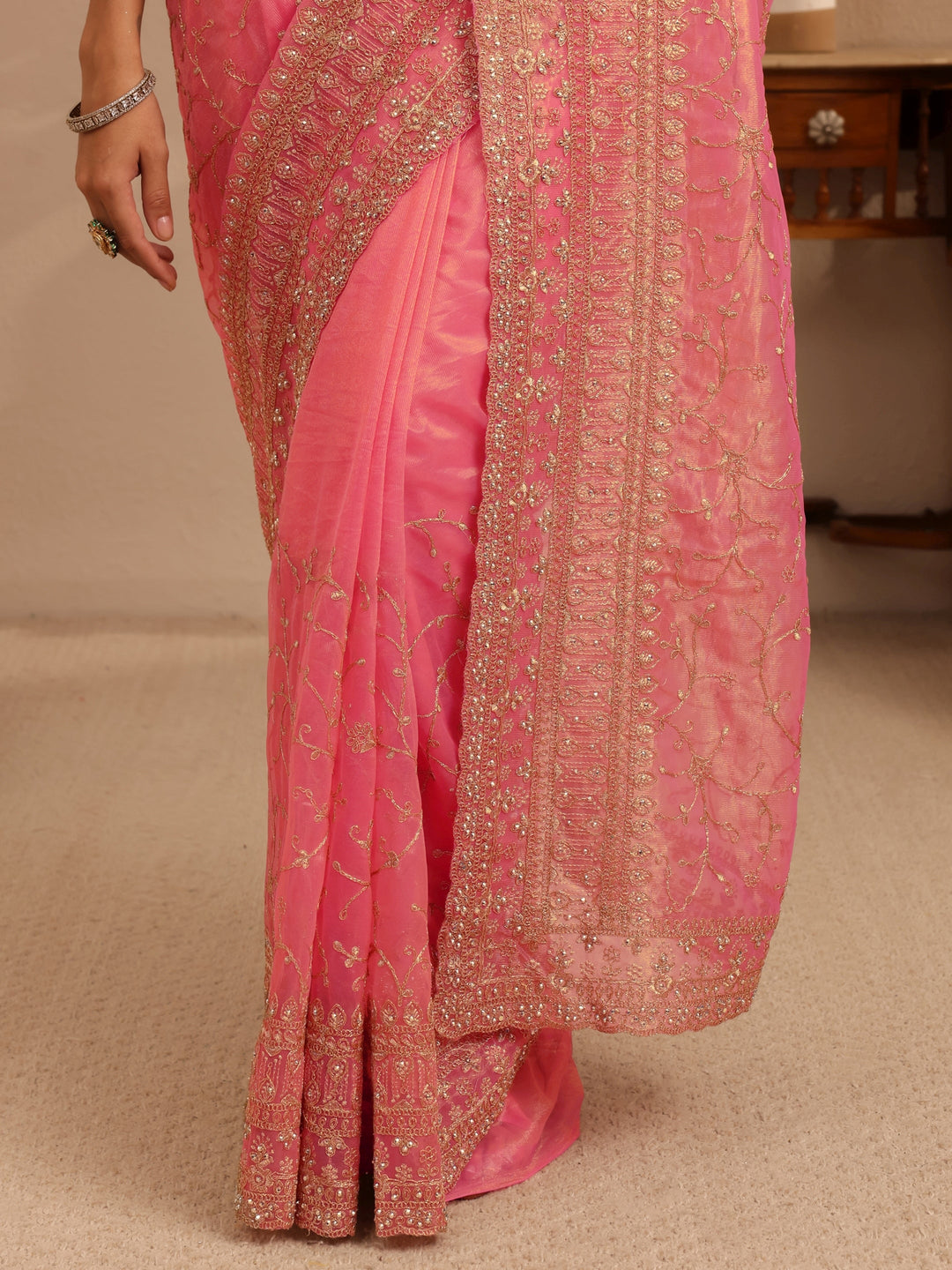  Peach Floral Embroidered Net Saree 