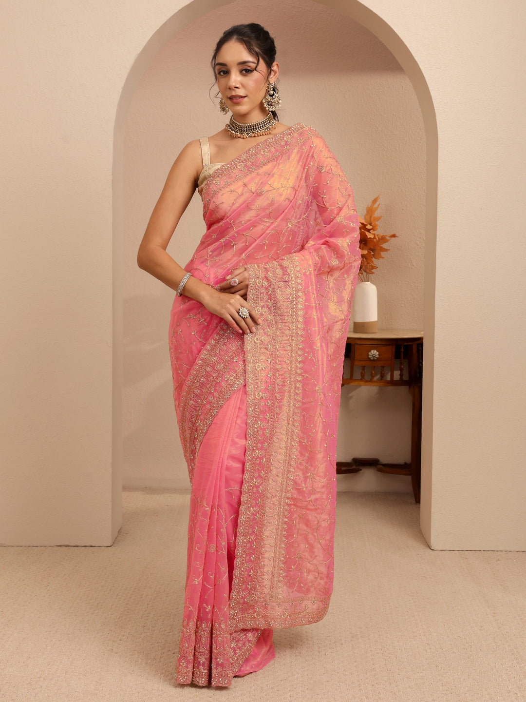  Peach Floral Embroidered Net Saree 