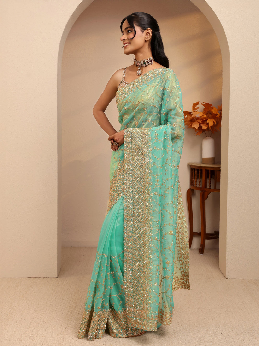  Seafoam Green Floral Embroidered Net Saree 