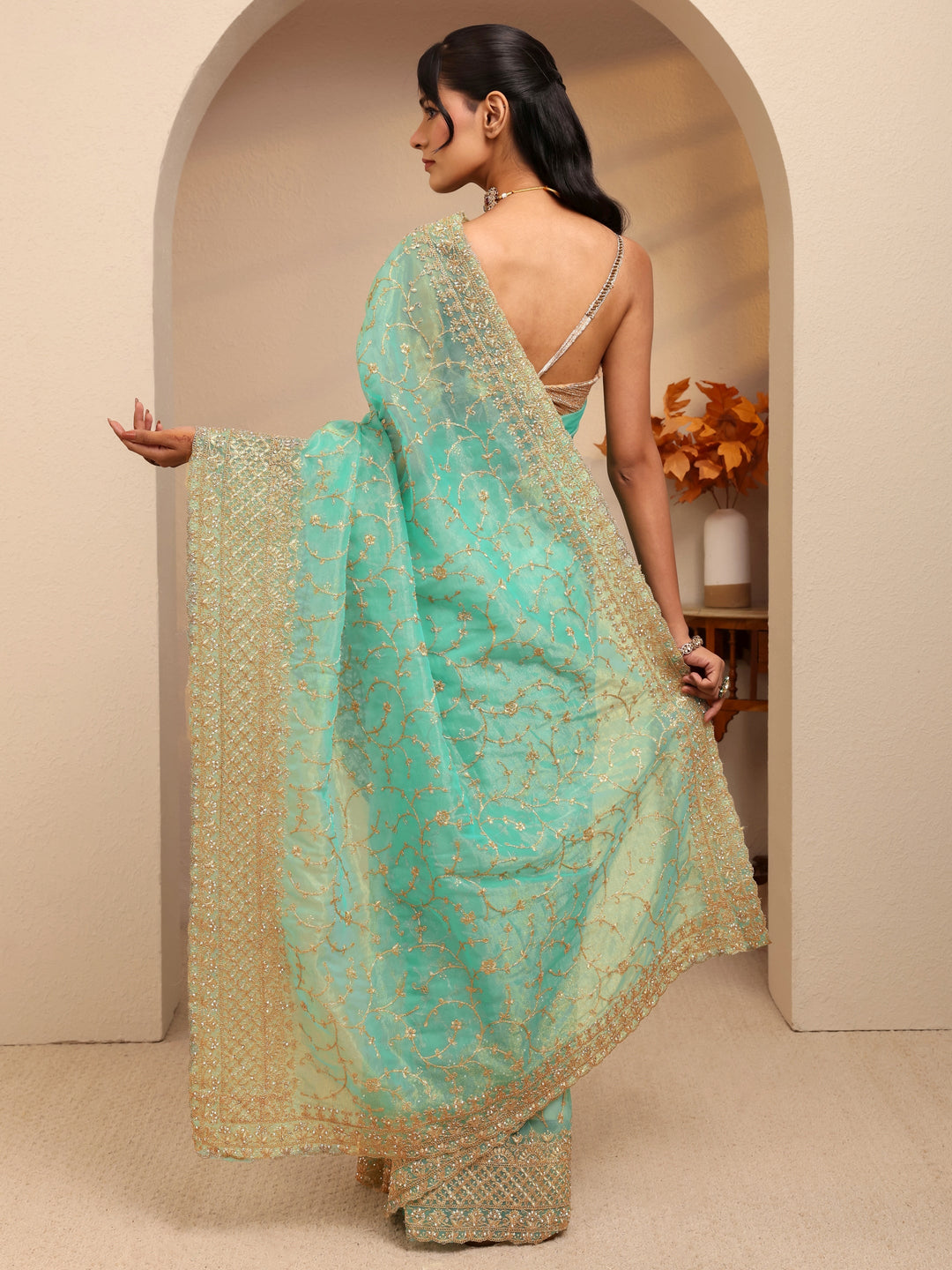  Seafoam Green Floral Embroidered Net Saree 