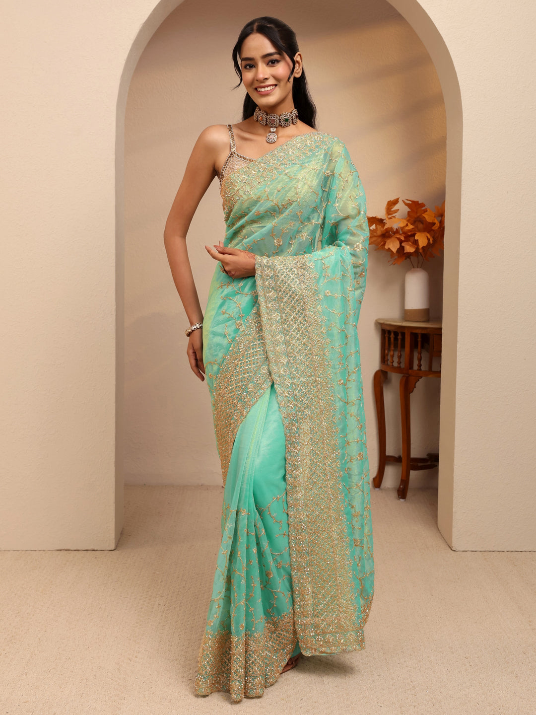  Seafoam Green Floral Embroidered Net Saree 