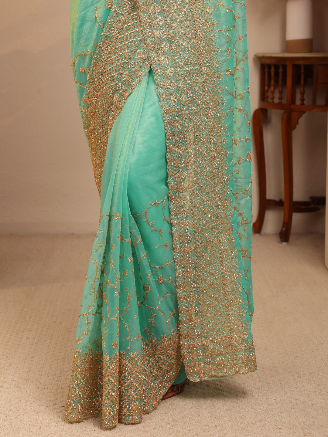  Seafoam Green Floral Embroidered Net Saree 