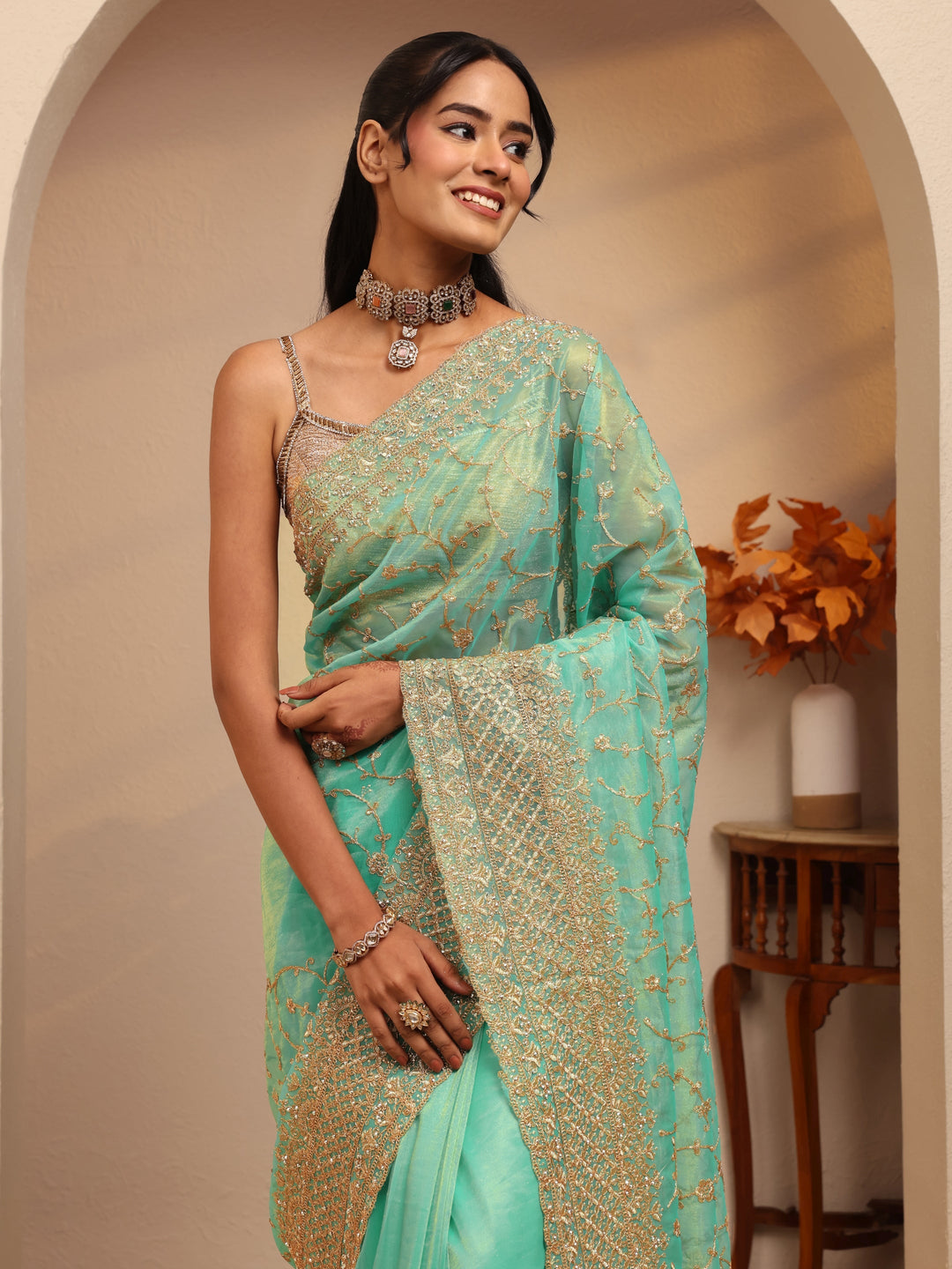  Seafoam Green Floral Embroidered Net Saree 