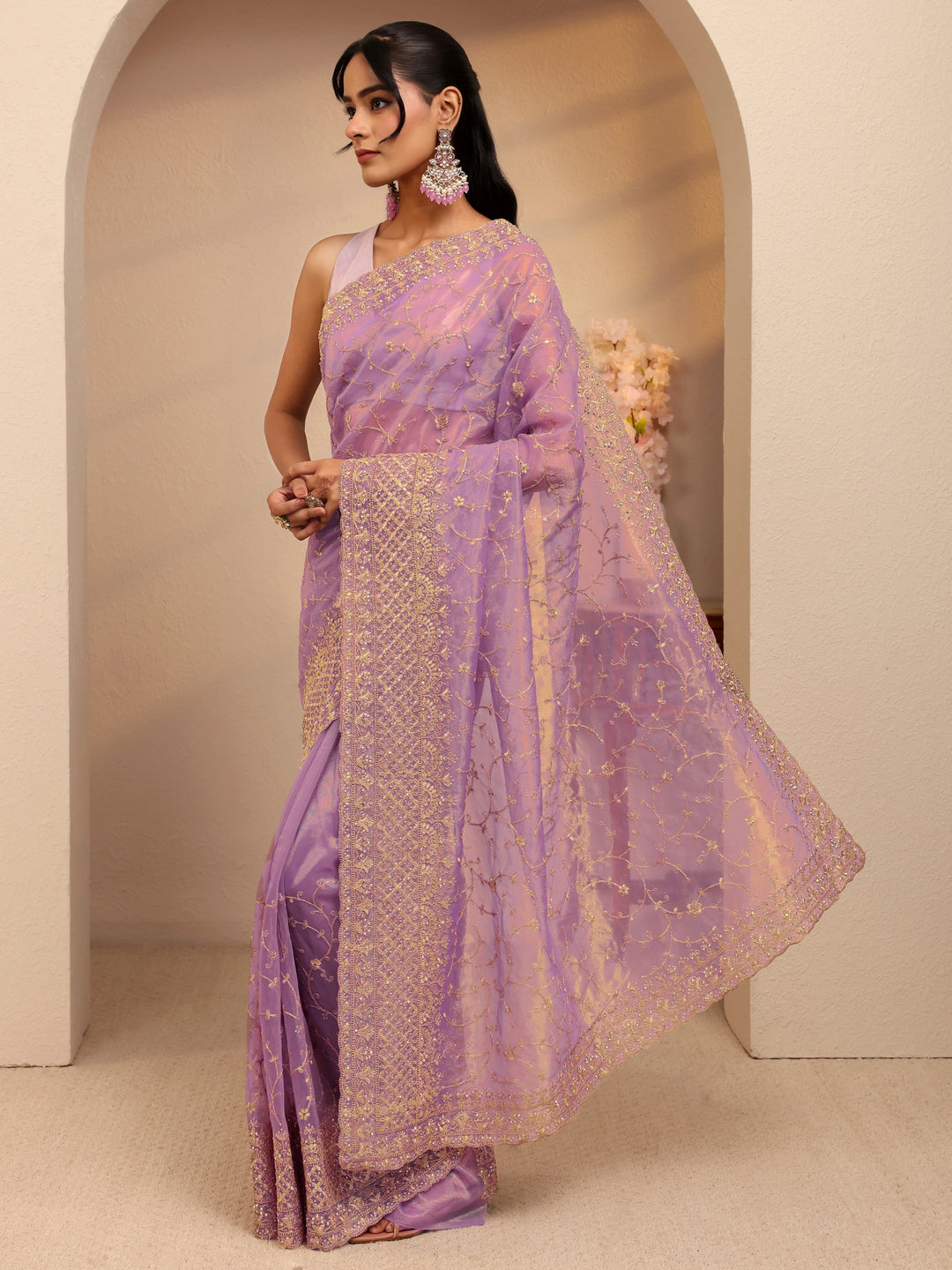  Purple Floral Embroidered Net Saree 