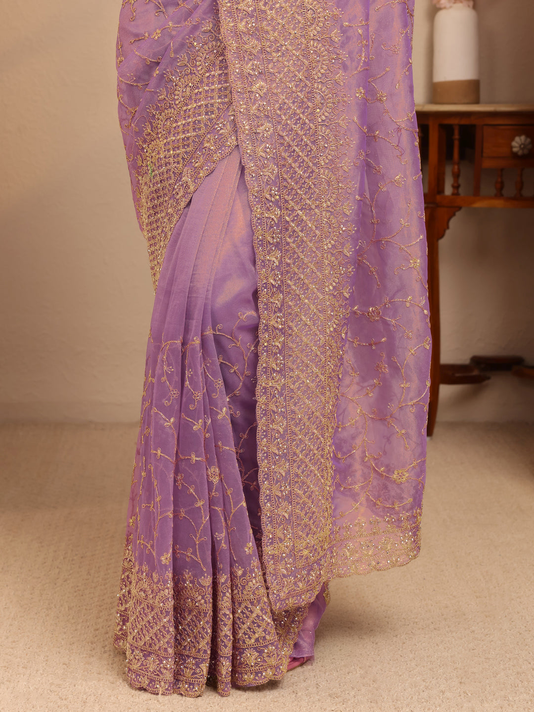  Purple Floral Embroidered Net Saree 