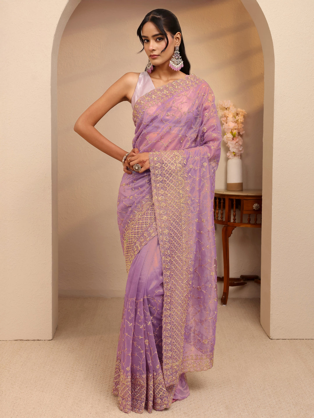  Purple Floral Embroidered Net Saree 