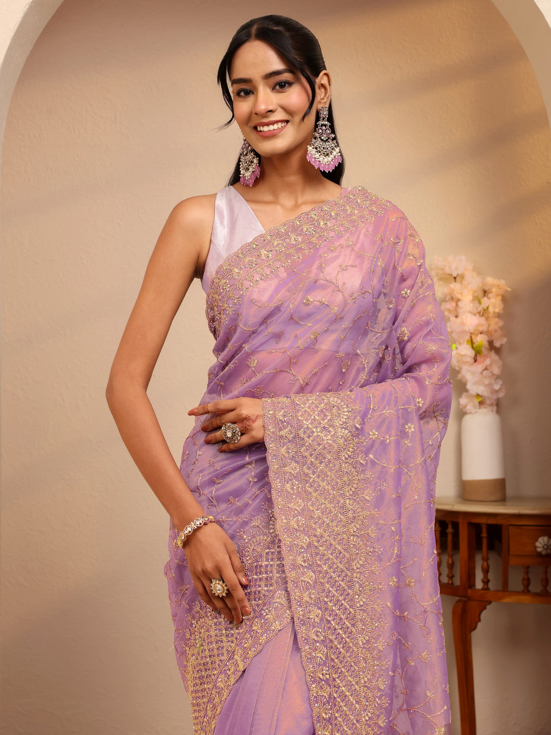  Purple Floral Embroidered Net Saree 