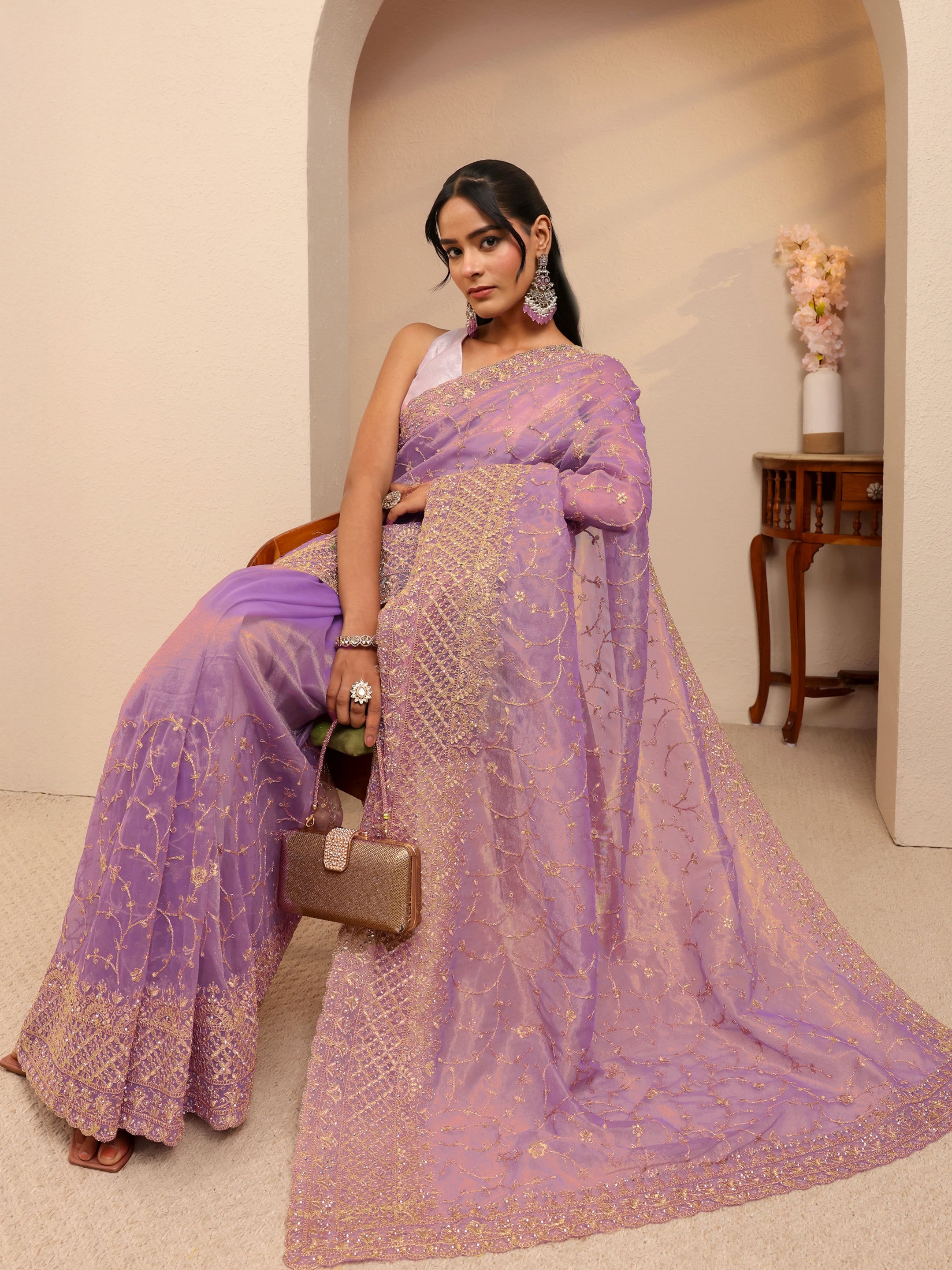 Purple Floral Embroidered Net Saree-image-26
