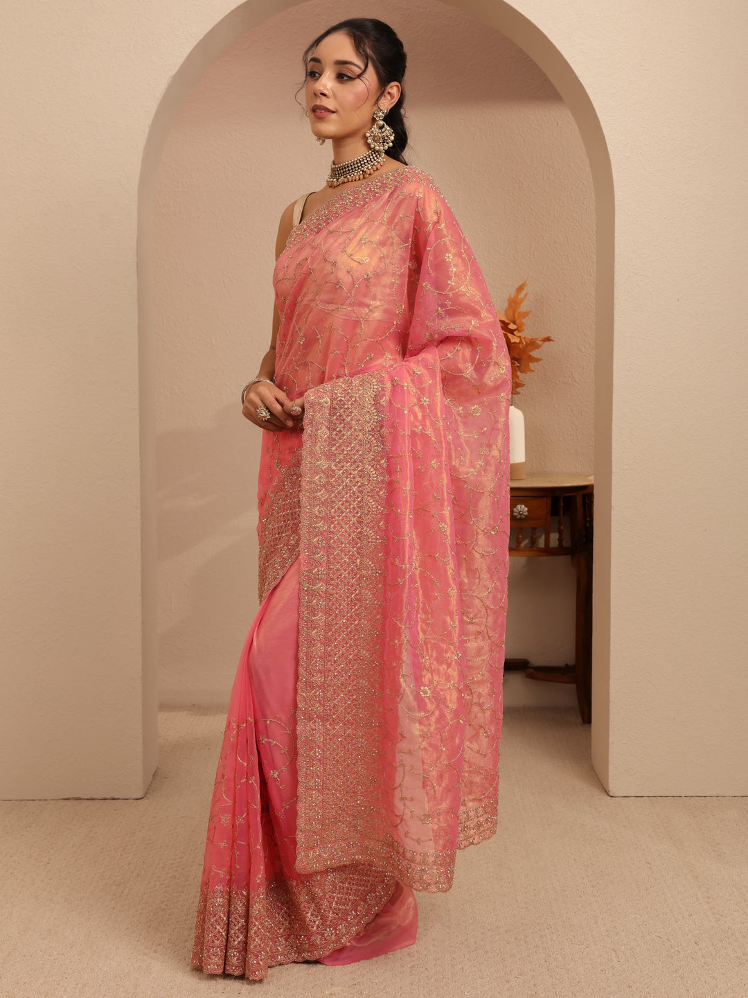  Peach Floral Embroidered Net Saree 