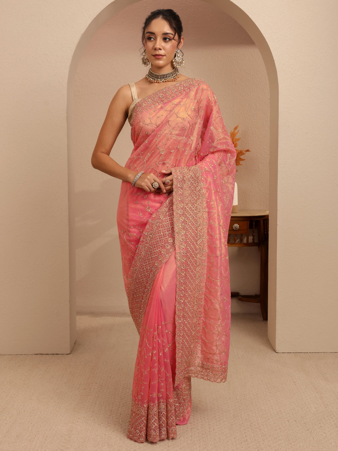  Peach Floral Embroidered Net Saree 
