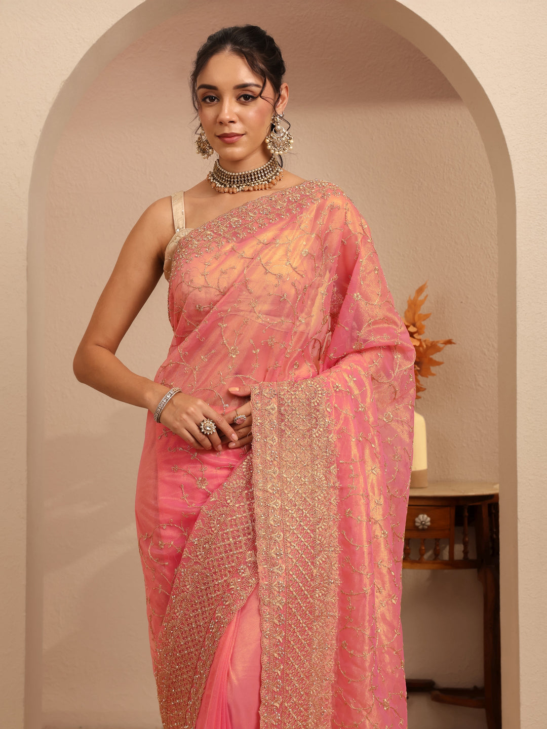  Peach Floral Embroidered Net Saree 