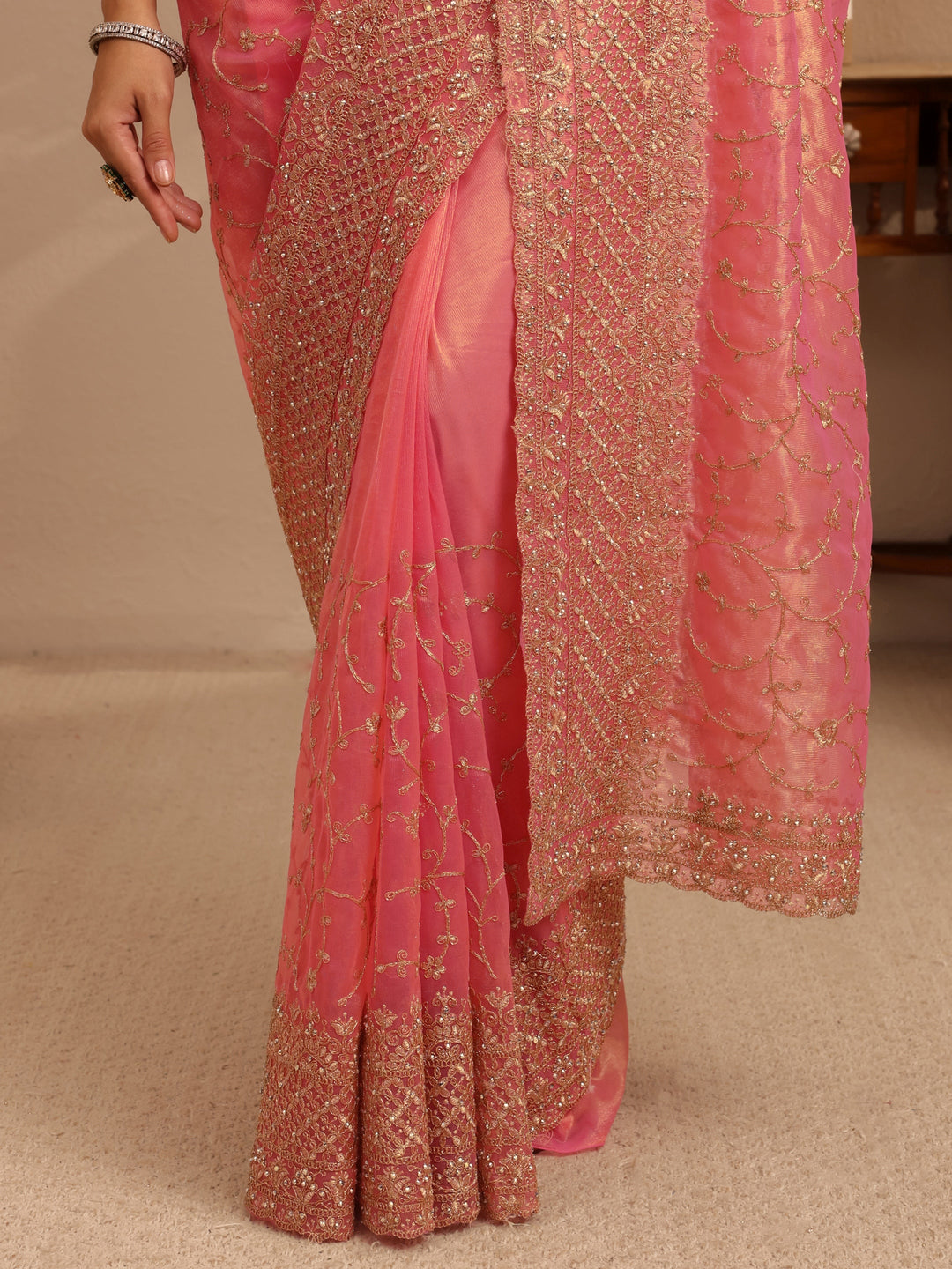  Peach Floral Embroidered Net Saree 