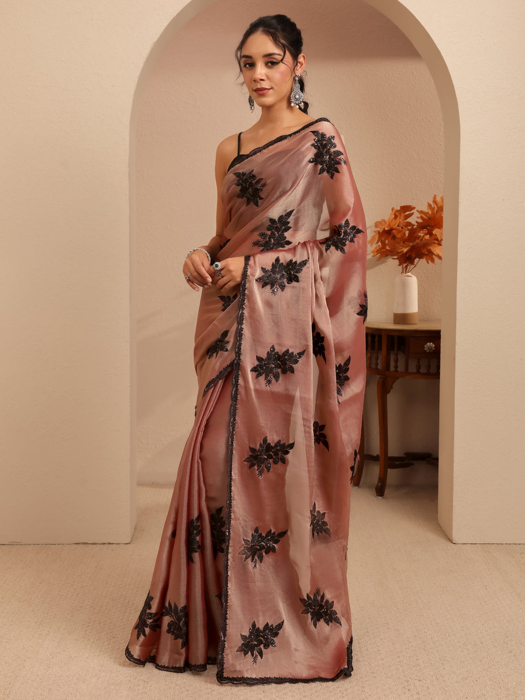  Mauve Floral Embroidered Organza Saree 