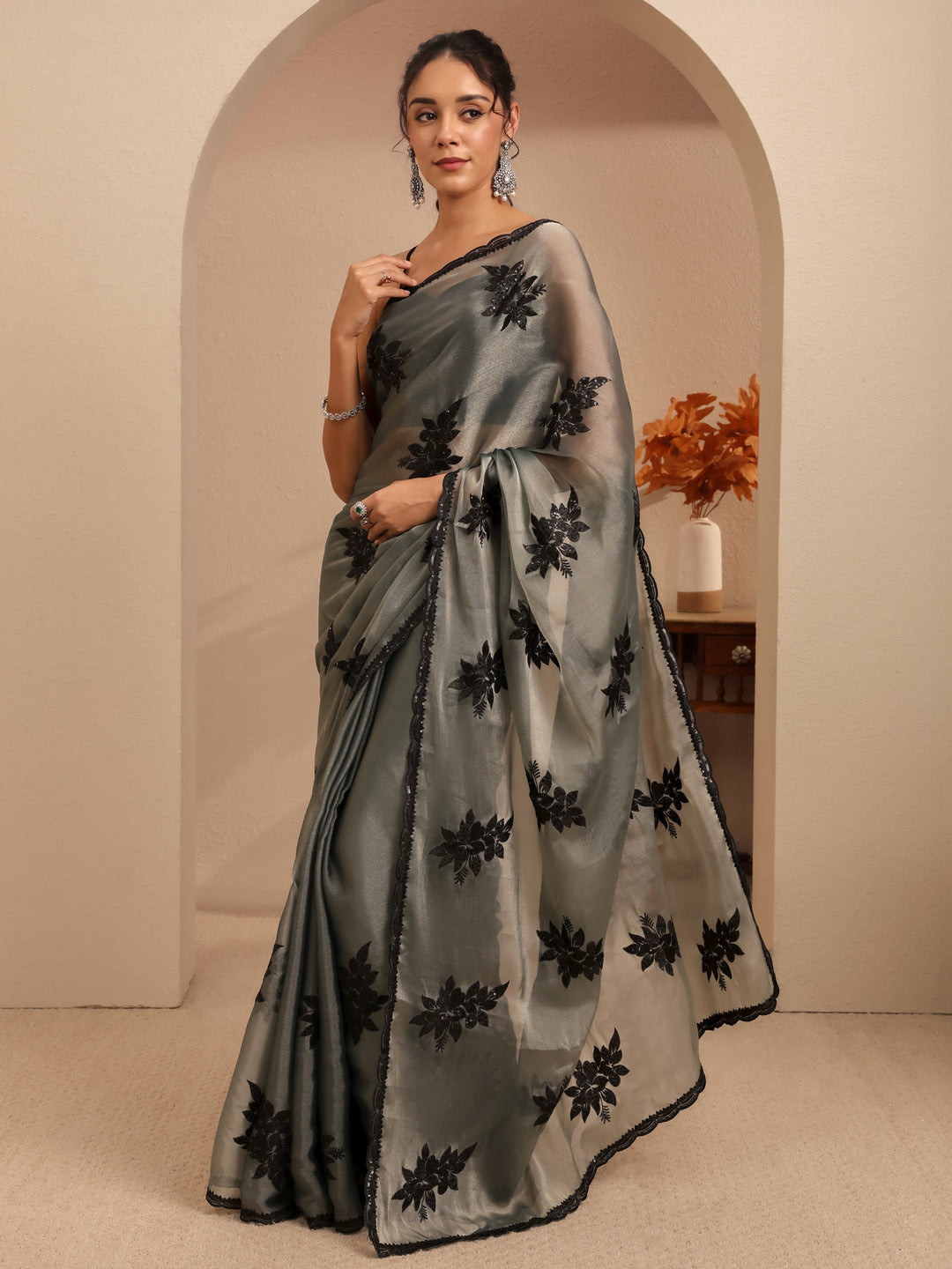  Grey Floral Embroidered Organza Saree 