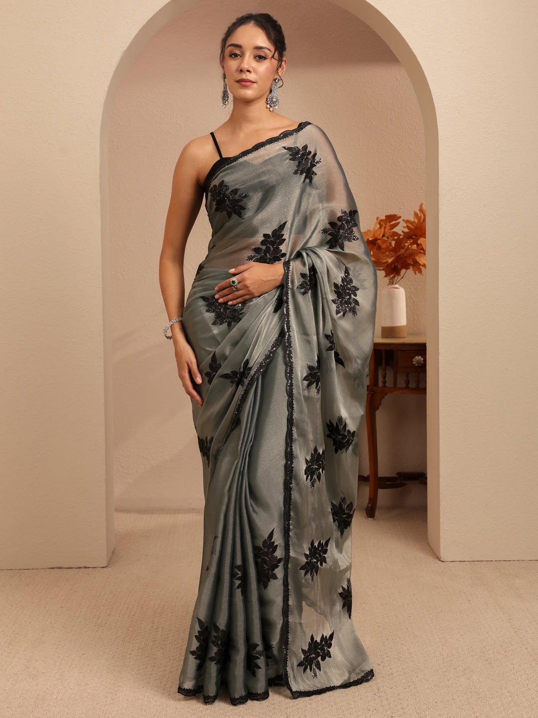  Grey Floral Embroidered Organza Saree 