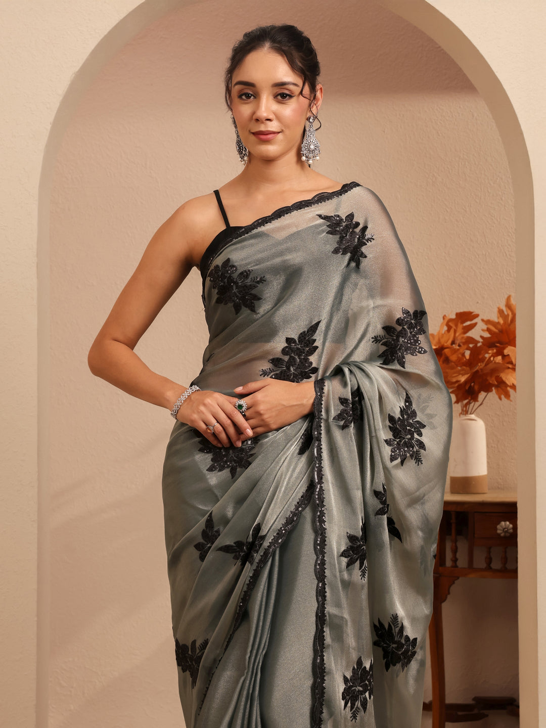  Grey Floral Embroidered Organza Saree 