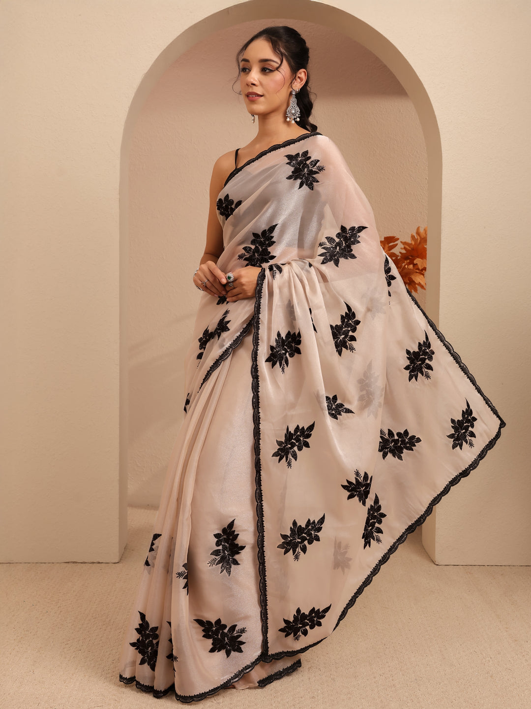  Cream Floral Embroidered Organza Saree 