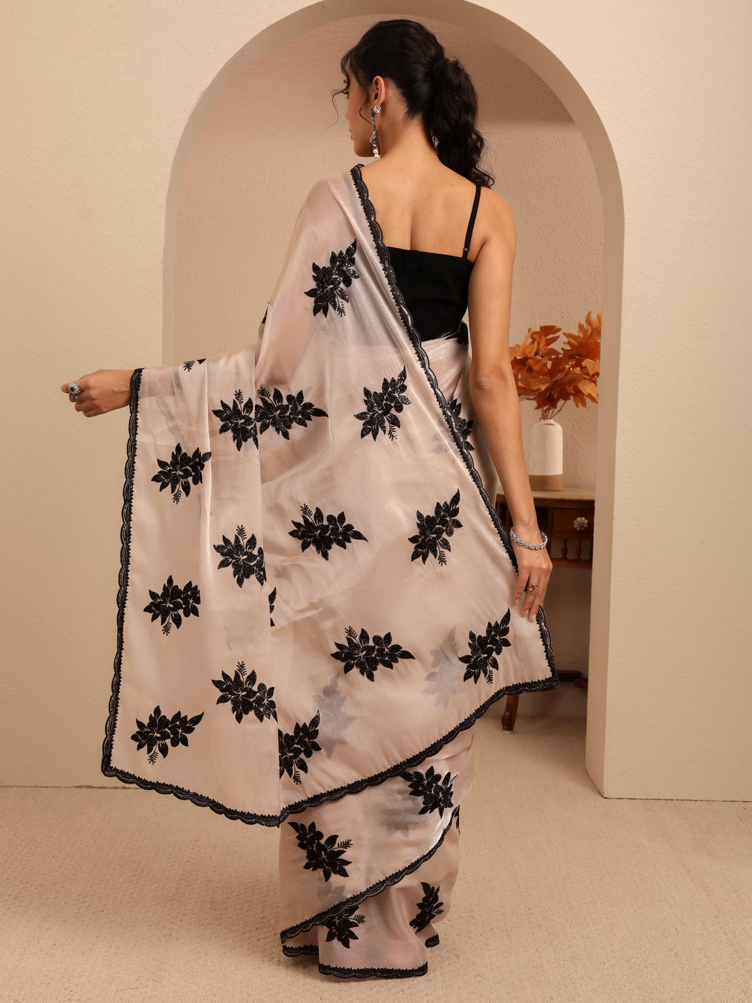 Cream Floral Embroidered Organza Saree 