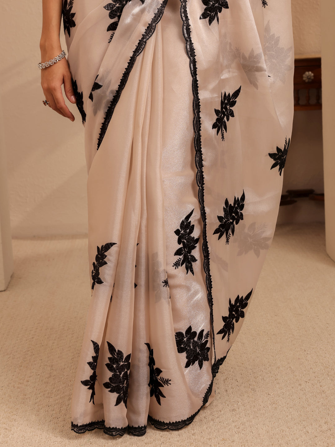  Cream Floral Embroidered Organza Saree 