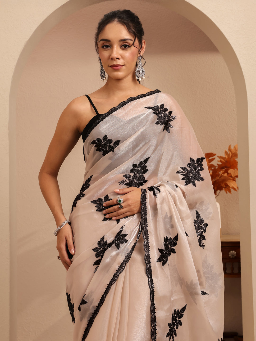  Cream Floral Embroidered Organza Saree 
