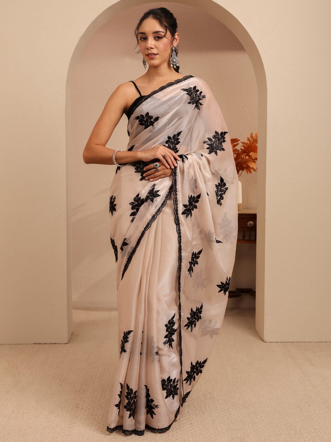  Cream Floral Embroidered Organza Saree 