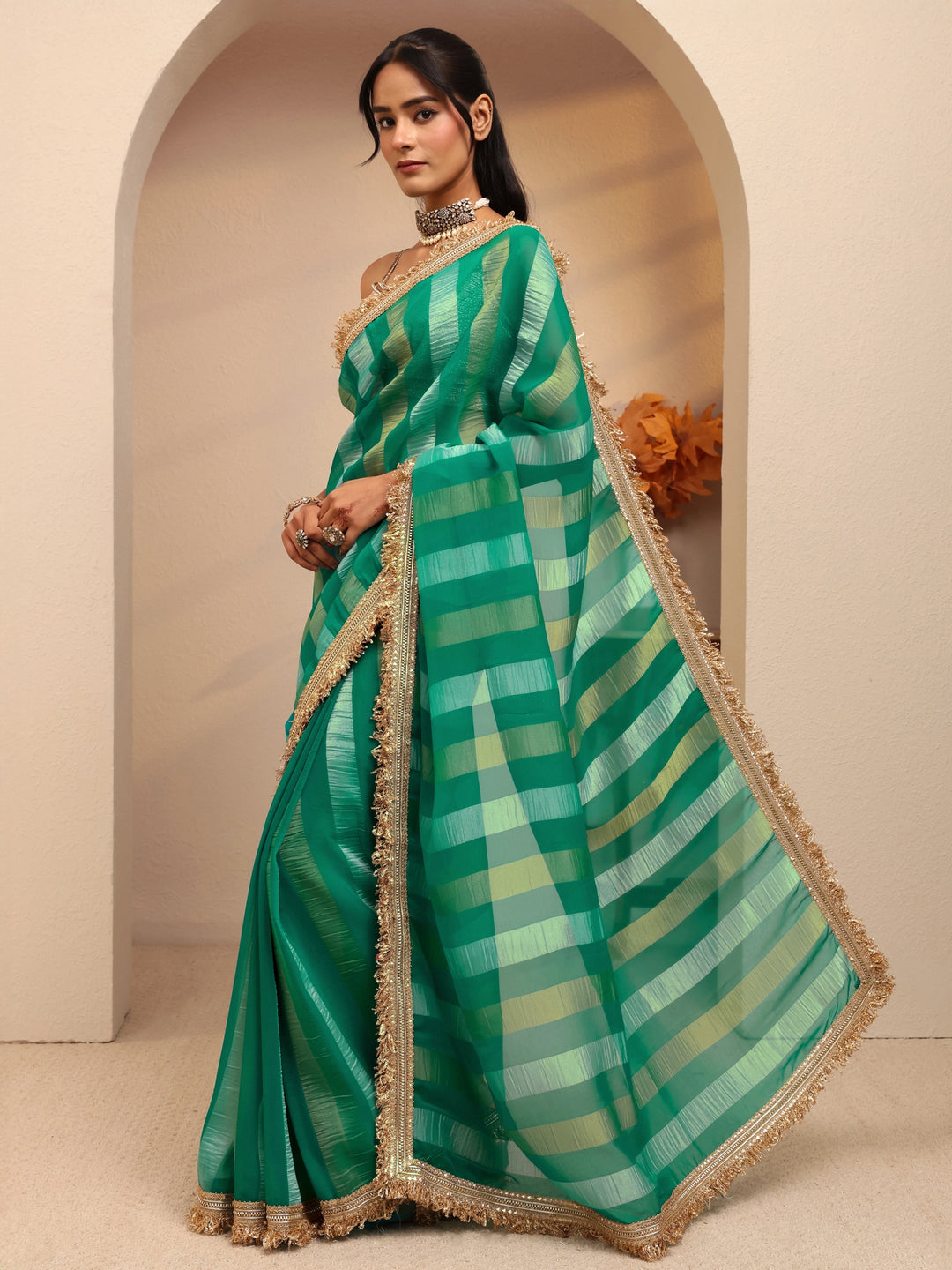  Green Striped Woven Design Tissue Saree 