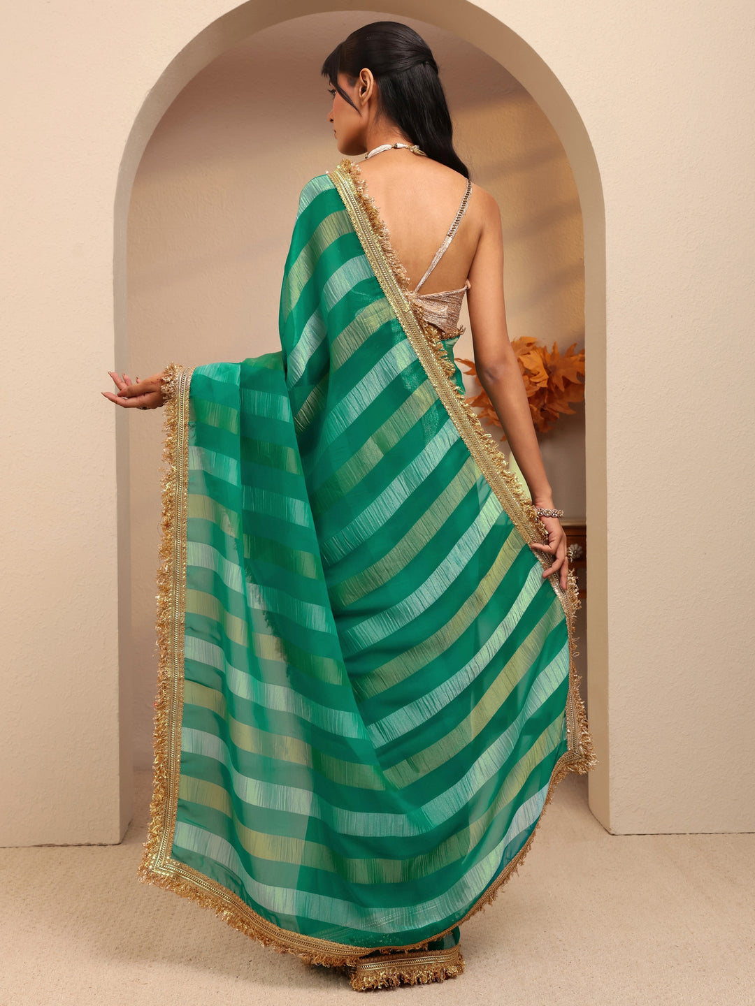  Green Striped Woven Design Tissue Saree 
