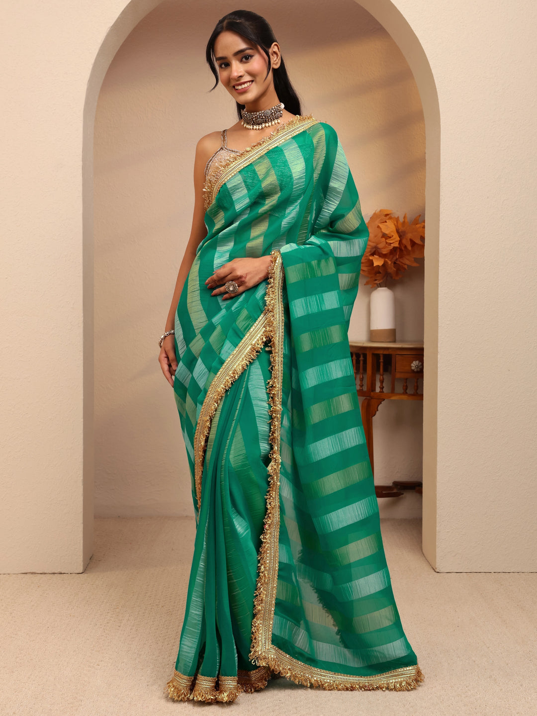  Green Striped Woven Design Tissue Saree 