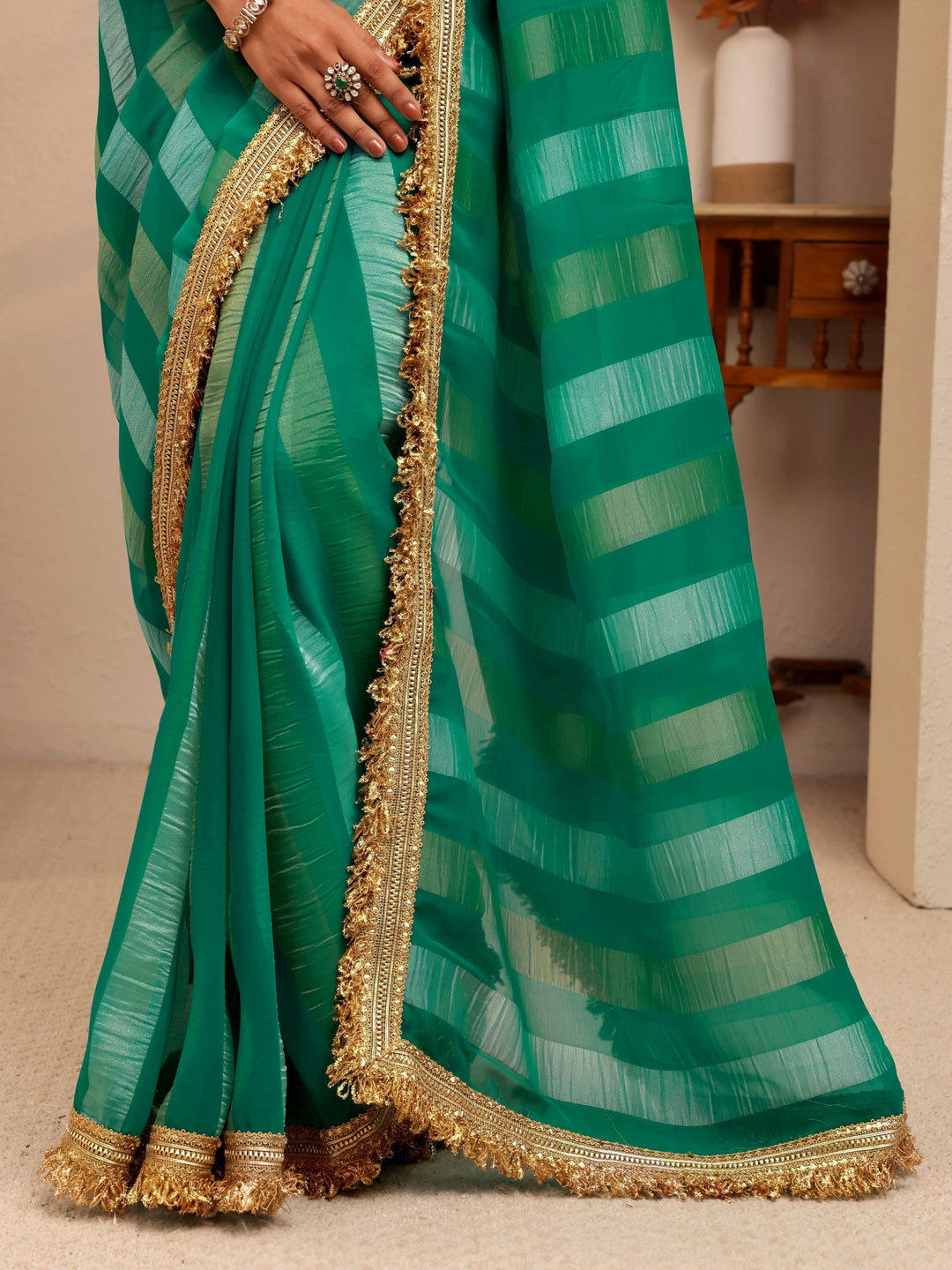  Green Striped Woven Design Tissue Saree 