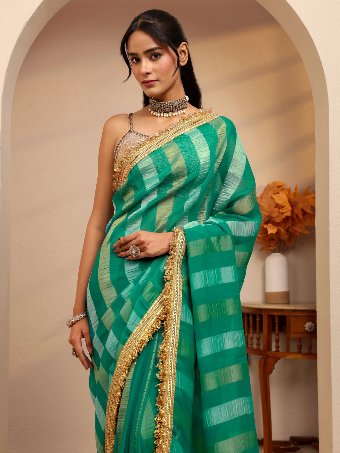  Green Striped Woven Design Tissue Saree 