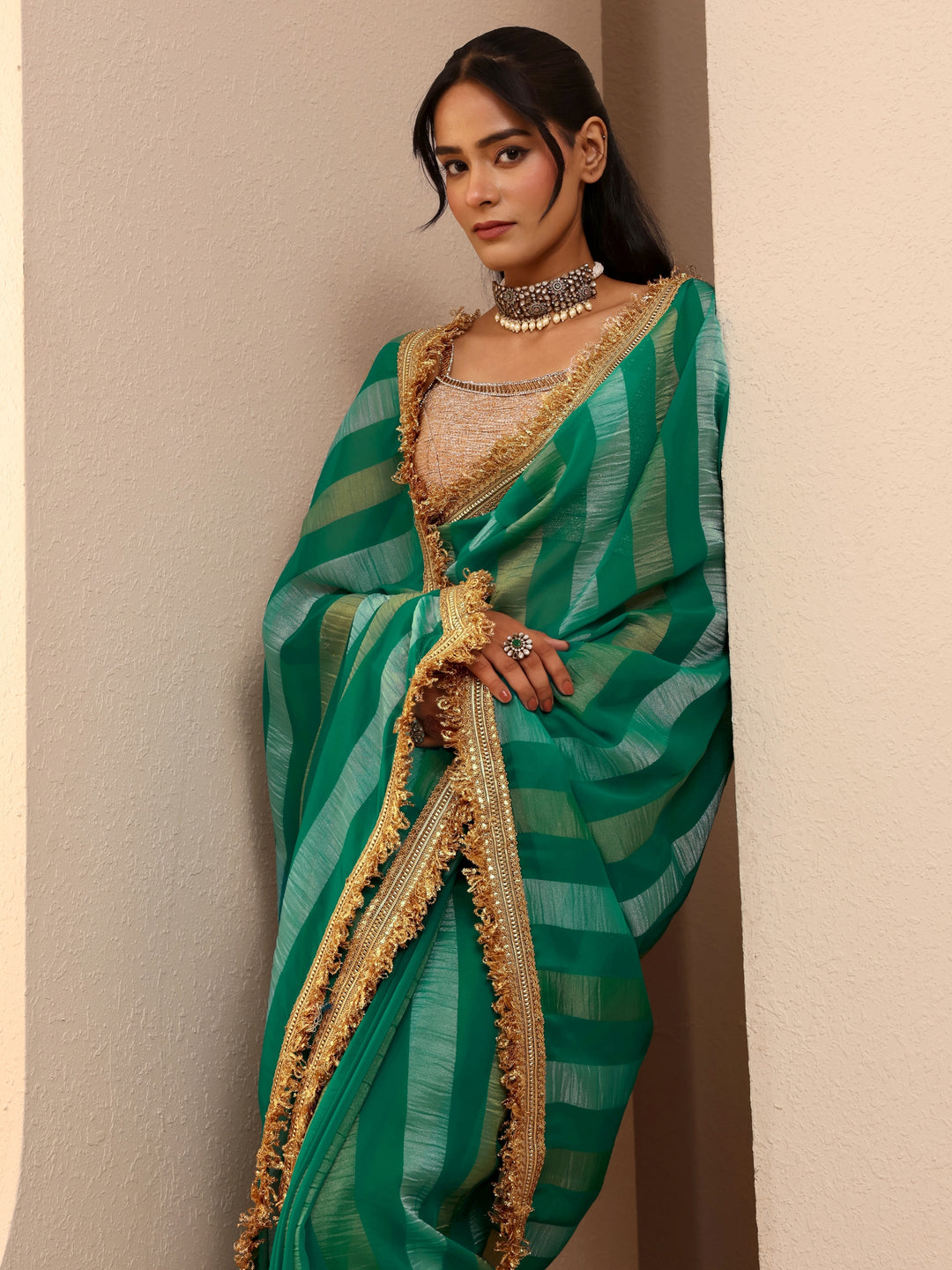  Green Striped Woven Design Tissue Saree 
