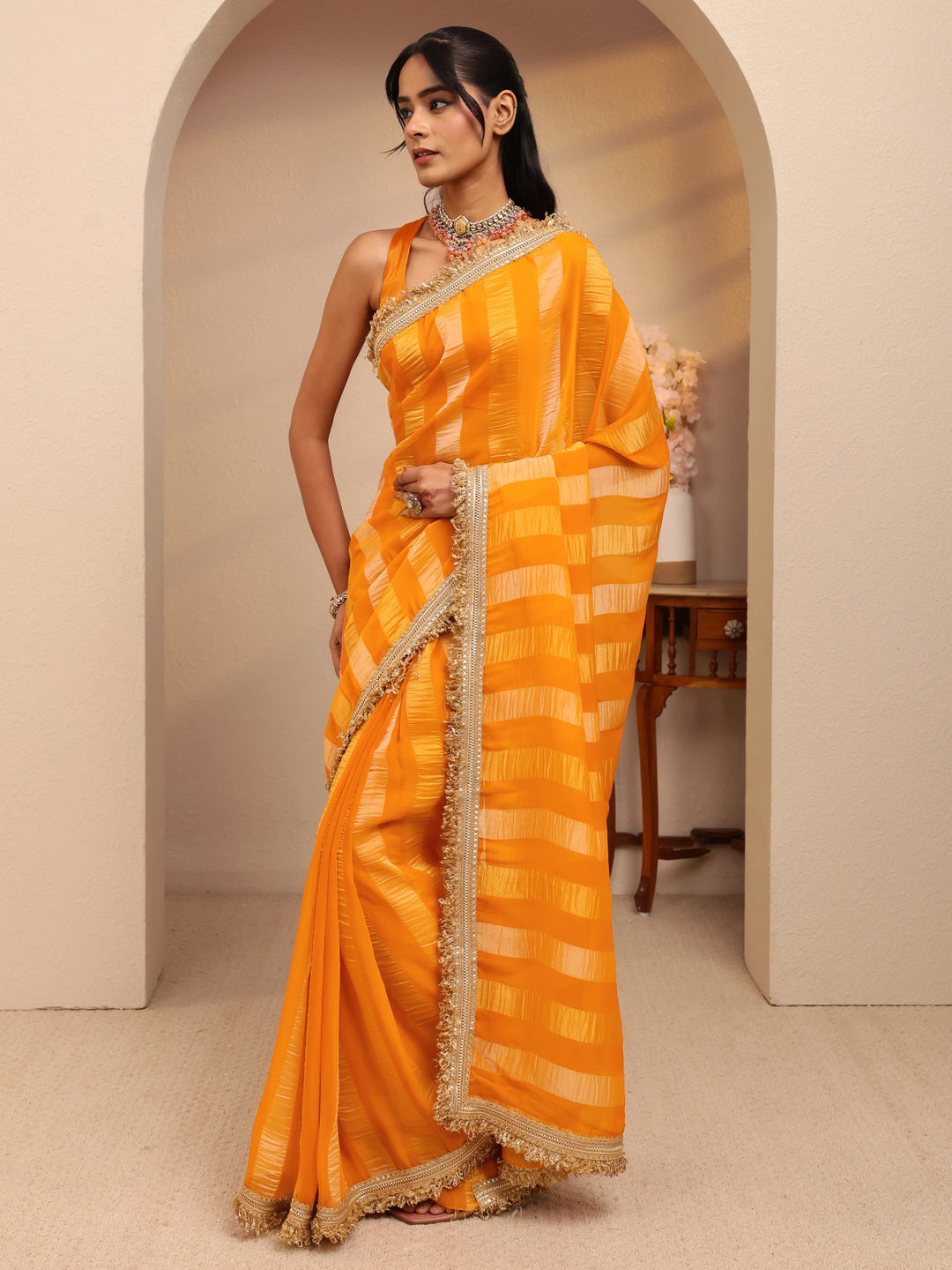  Mustard Striped Woven Design Tissue Saree 