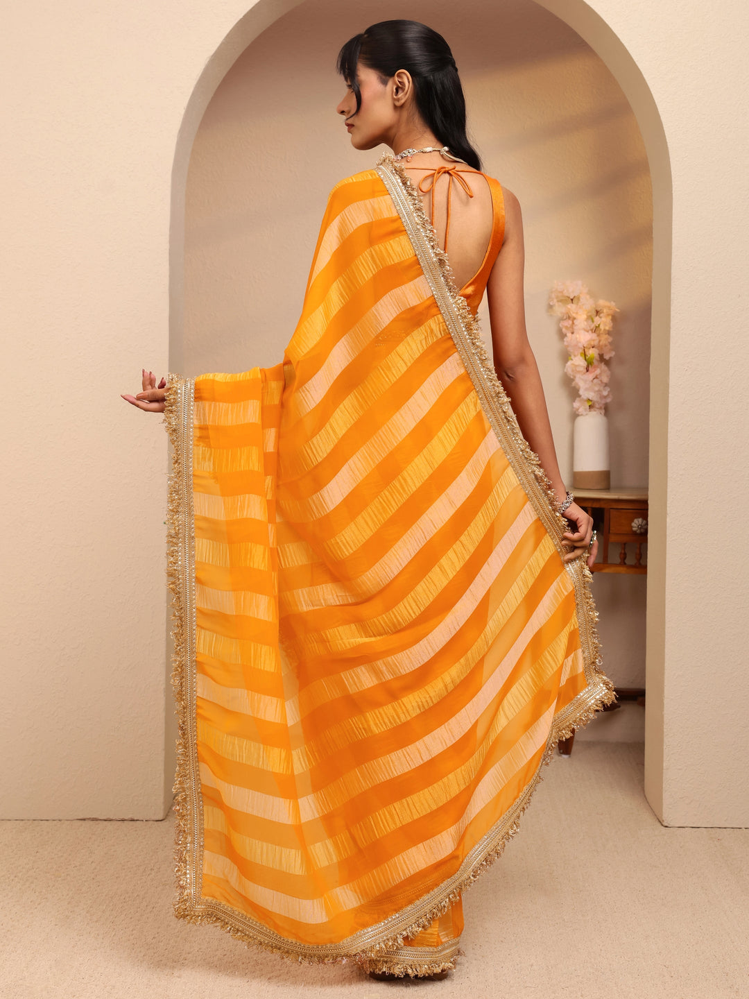 Mustard Striped Woven Design Tissue Saree 