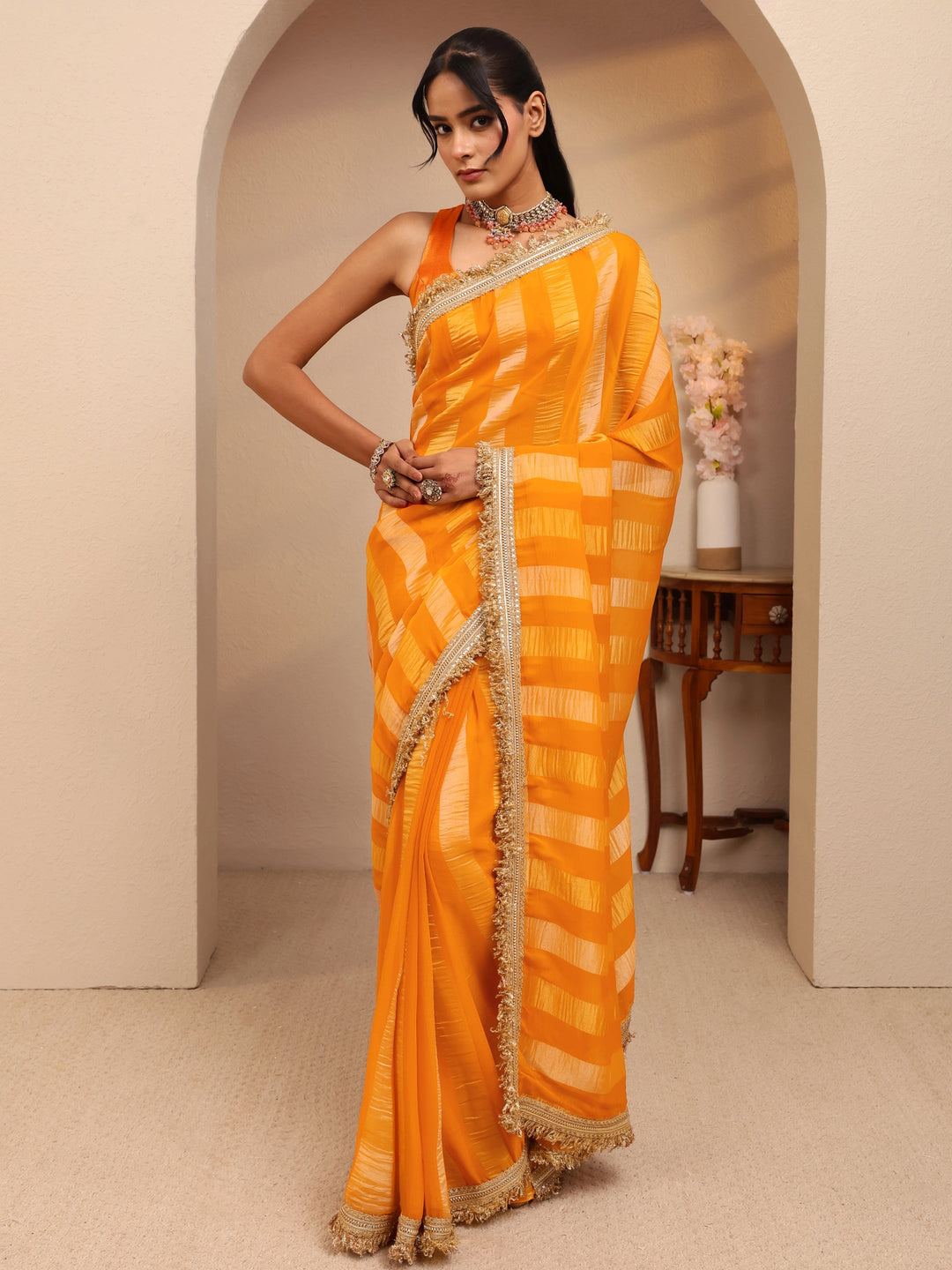  Mustard Striped Woven Design Tissue Saree 