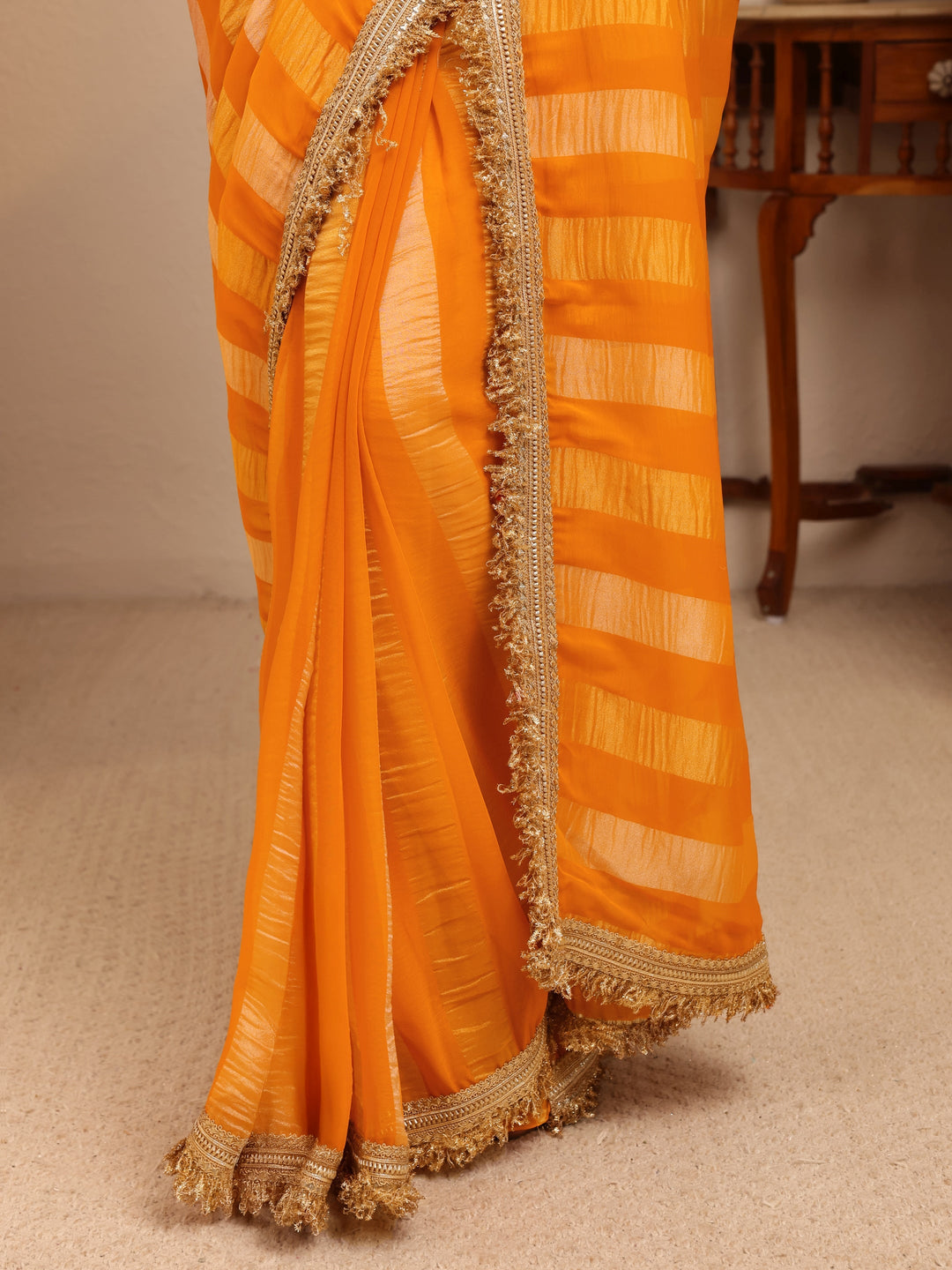  Mustard Striped Woven Design Tissue Saree 
