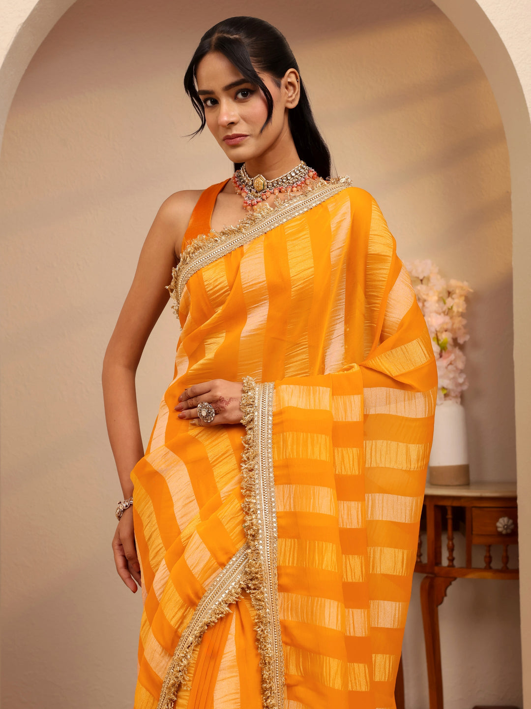  Mustard Striped Woven Design Tissue Saree 