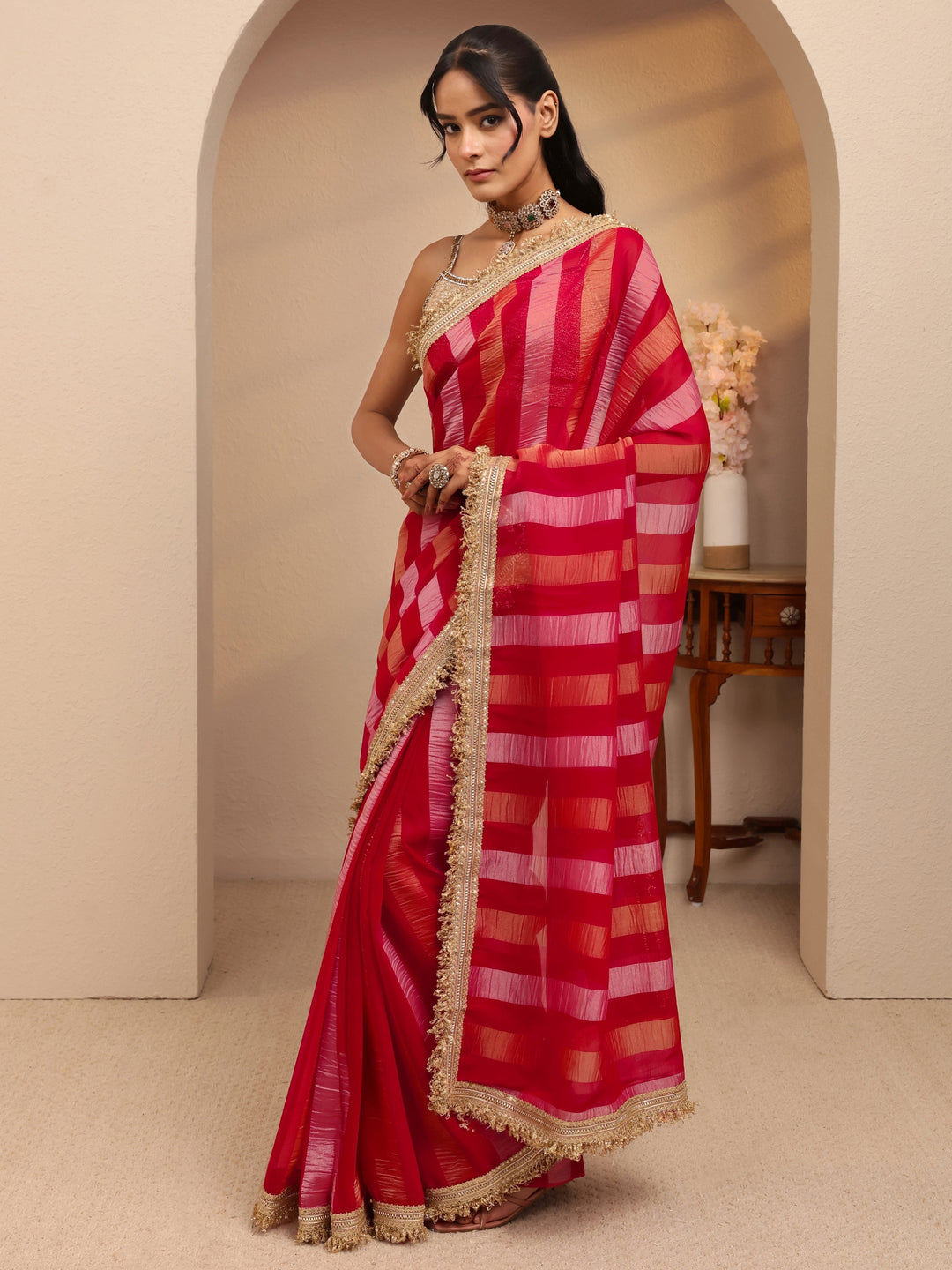  Pink Striped Woven Design Tissue Saree 