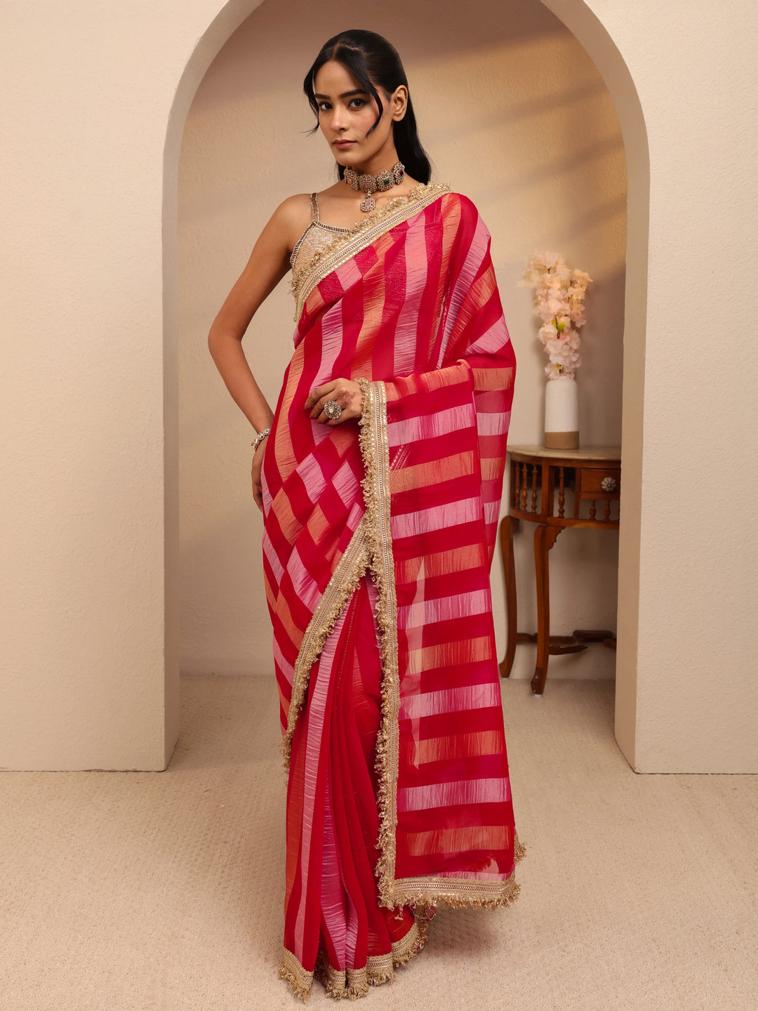  Pink Striped Woven Design Tissue Saree 