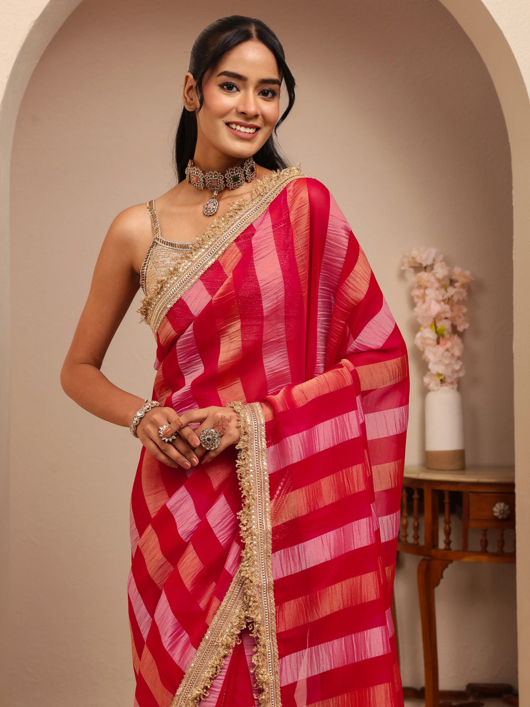  Pink Striped Woven Design Tissue Saree 